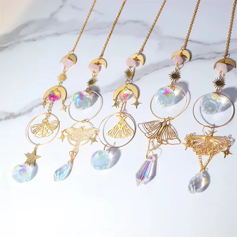 Crystals Sun Catcher Hanging Tree Wind Chime Rainbow Prism Moon Catcher Outdoor Window Curtains Pendant Art Garden Decoration