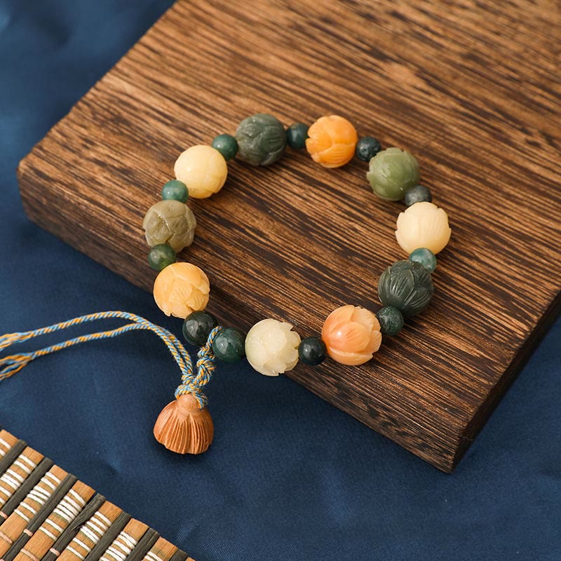 Bodhi Seed Moss Agate Lotus Bracelet for Peace & Calm