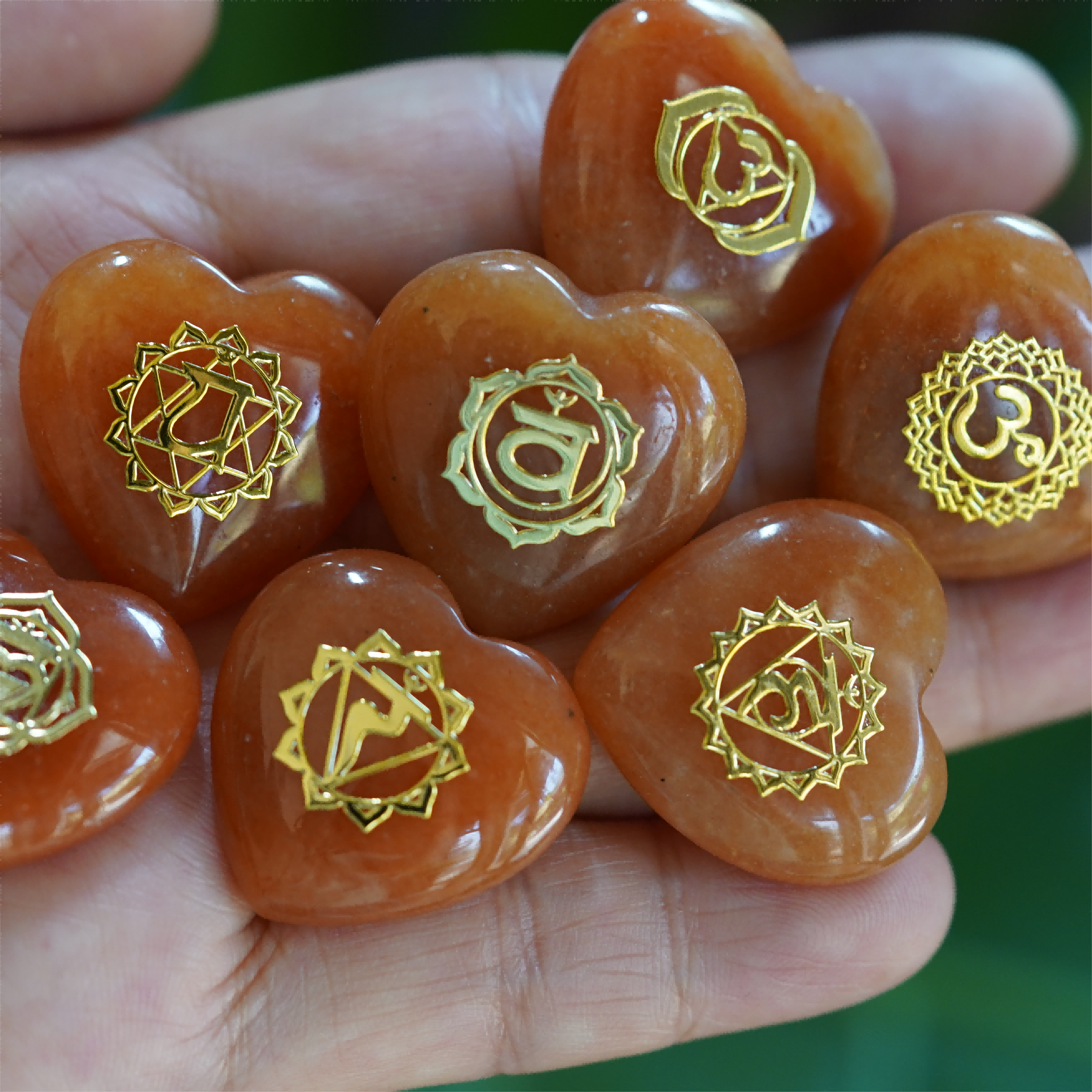 7pcs Mixed Crystal Heart Chakra Runes Set 30mm Healing Hearts