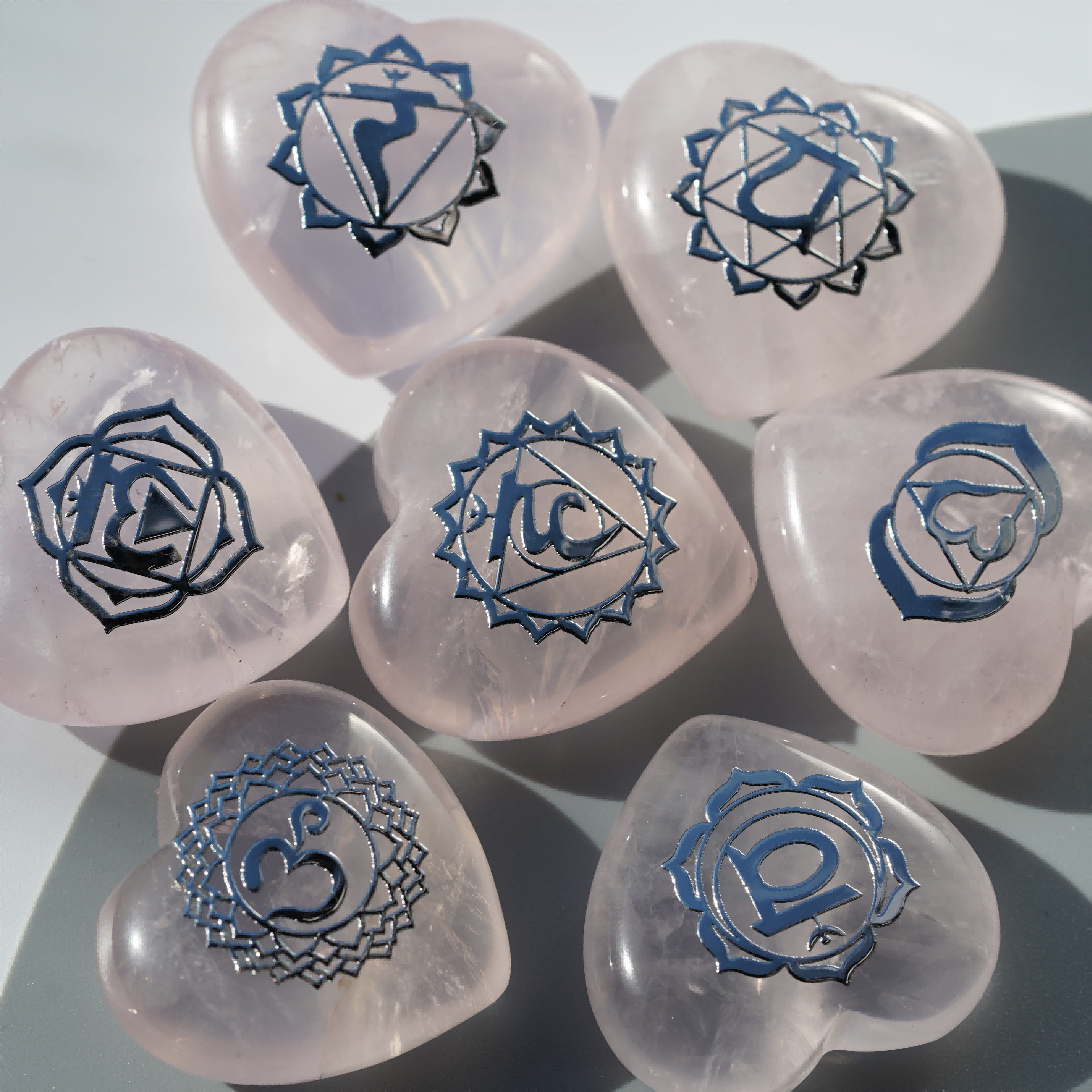 7pcs Mixed Crystal Heart Chakra Runes Set 30mm Healing Hearts