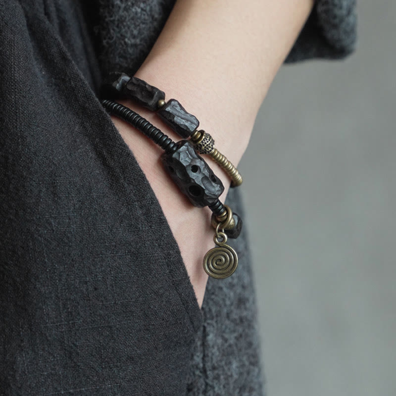 8,5 mm großes Peace-Armband aus Ebenholz und rotem Achat, doppelt gewickelt