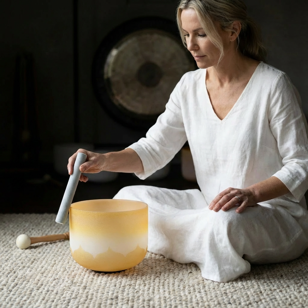 8" Kristallklangschale mit goldenem Lotus-Design