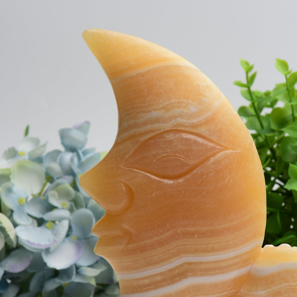 8 Inch Orange Calcite Moon Face Crystal Figurine Carving