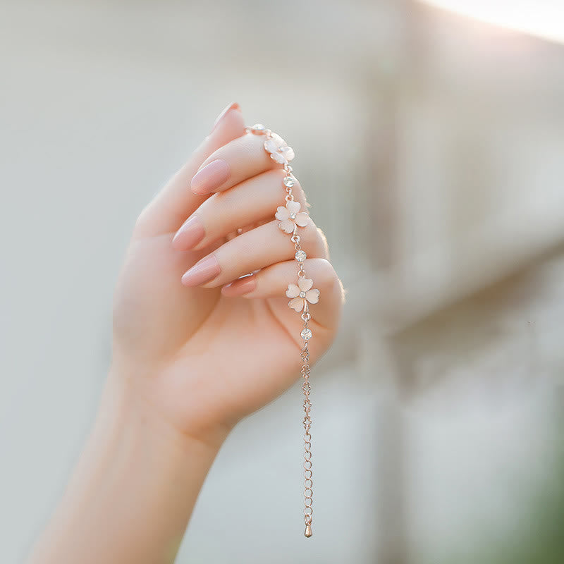 Pink Crystal Four Leaf Clover Love Chain Bracelet