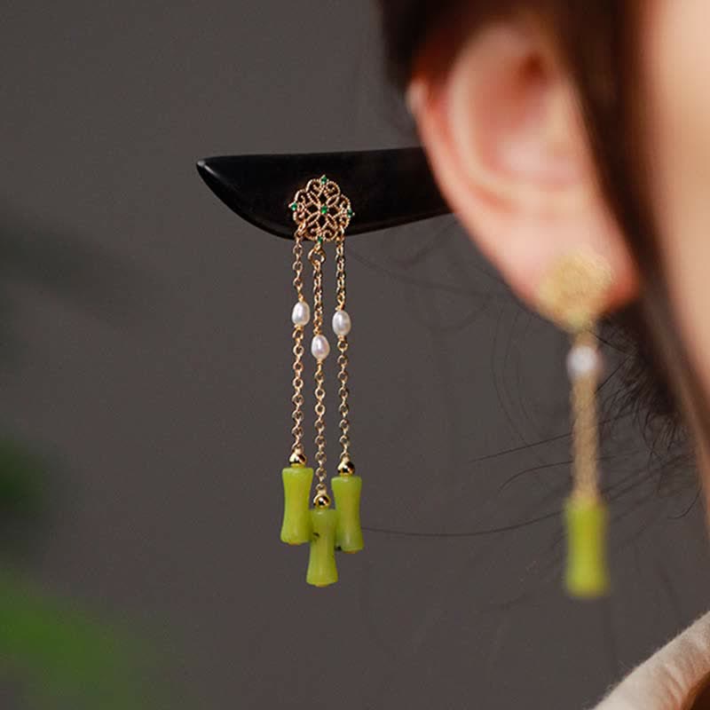 Natural Peridot & Ebony Wood Love Tassels Hairpin