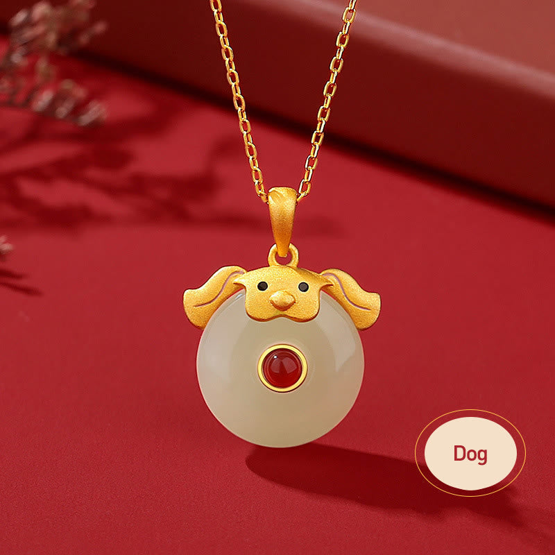 Dragon Zodiac Necklace | Sterling Silver with Hetian Jade & Red Agate