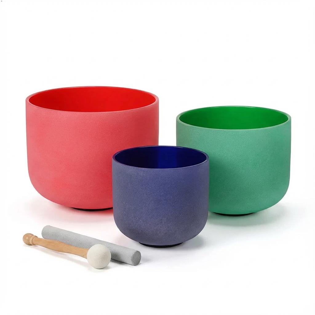 Farbenfrohes Klangschalen-Set aus Quarzkristall, 8", 10", 12"