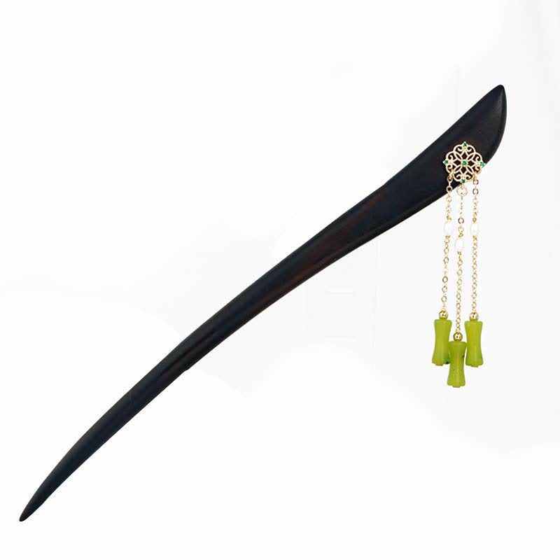 Natural Peridot & Ebony Wood Love Tassels Hairpin