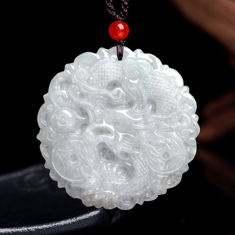 White Jade Dragon Necklace 49mm Protection Pendant