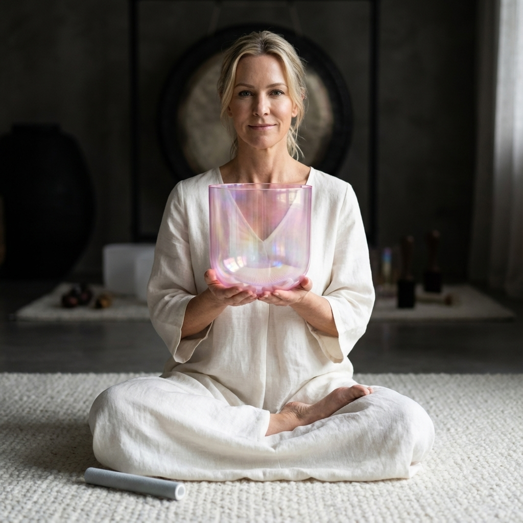 432 Hz Alchemy Cosmic Light Klangschale aus klarem rosa Kristall mit Tasche