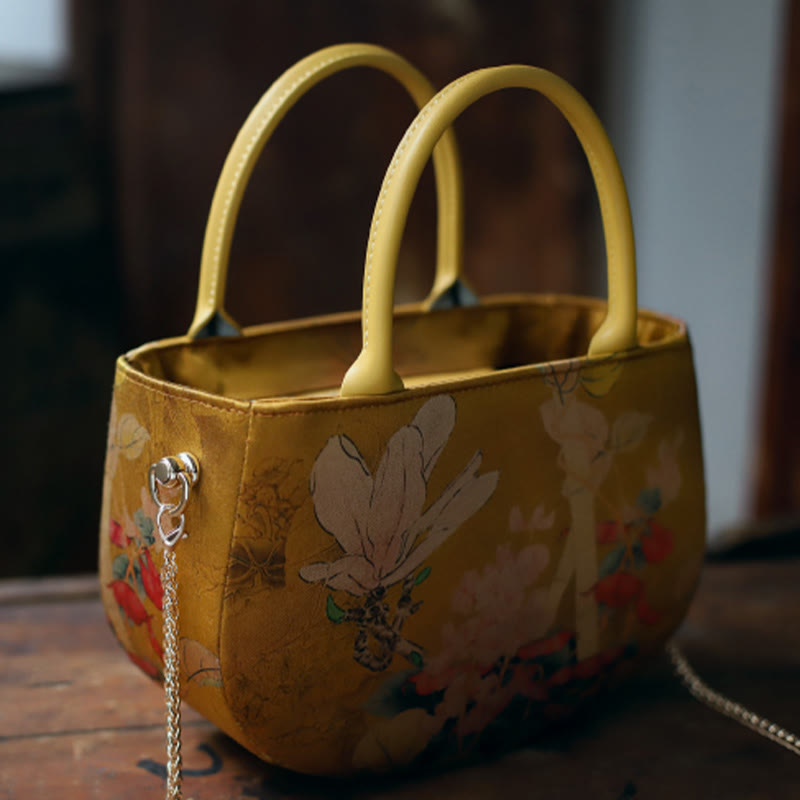 Vintage Flower Peony Metal Chain Zipper Crossbody Bag