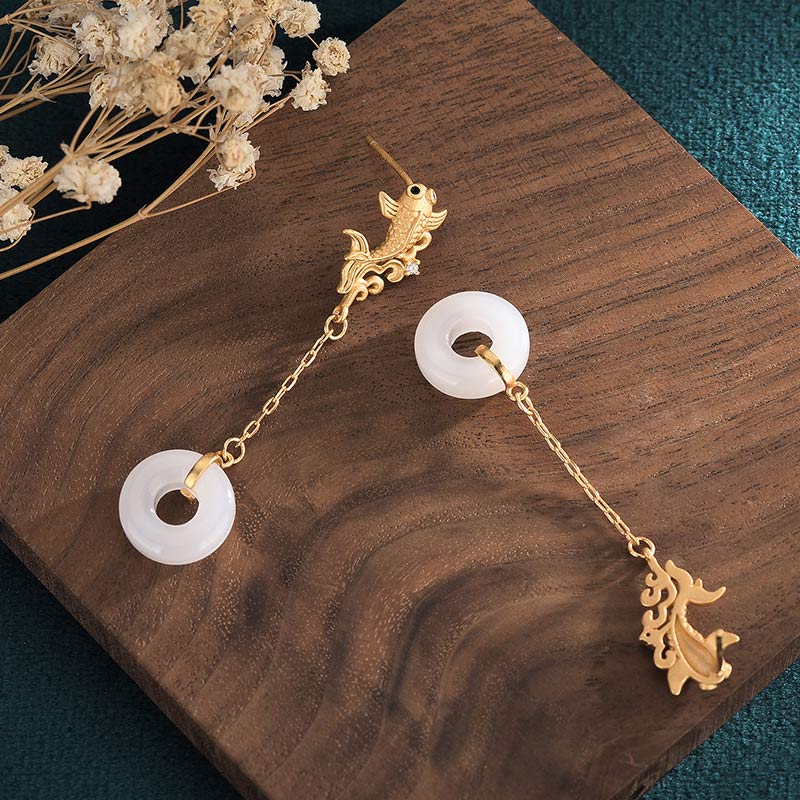 56mm White Jade Lucky Koi Fish Earrings