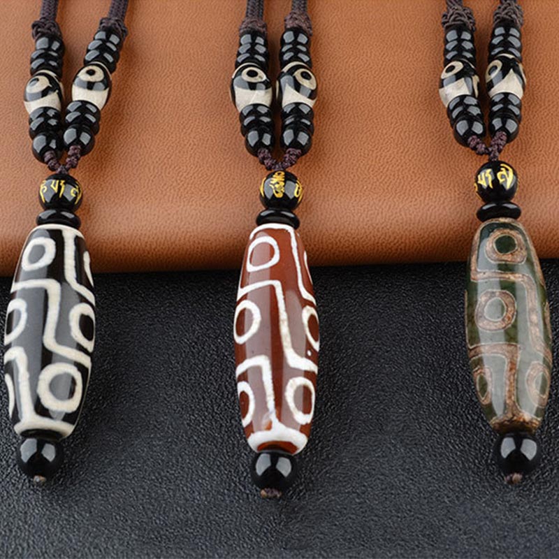 Nine-Eye Dzi Bead Obsidian Necklace 14mm Protection