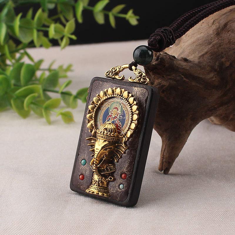 Ebony Wood Elephant Necklace with God of Fortune Pendant