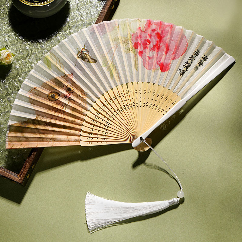 Silk Bamboo Folding Fan 21cm with Cat Butterfly Flowers Pattern