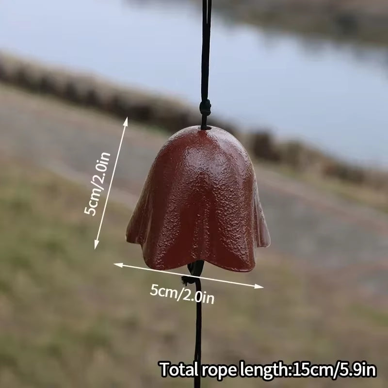 Brown bell-shaped wind chime with measurements for Japanese Iron Garden Decor