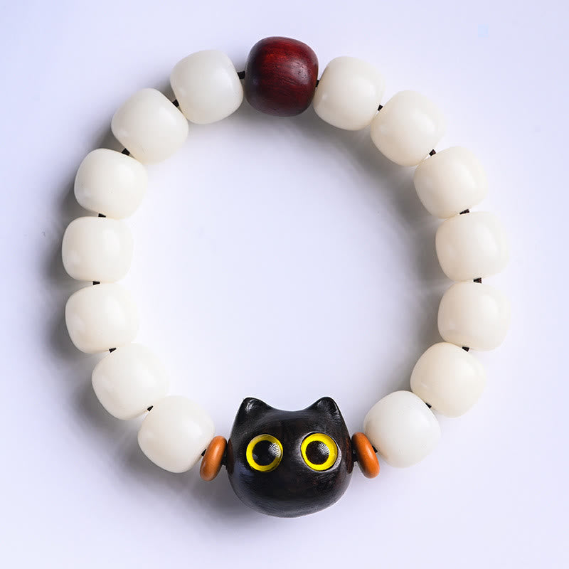 Unisex Bodhi Seed & Wood Lucky Cat Spiritual Bracelet