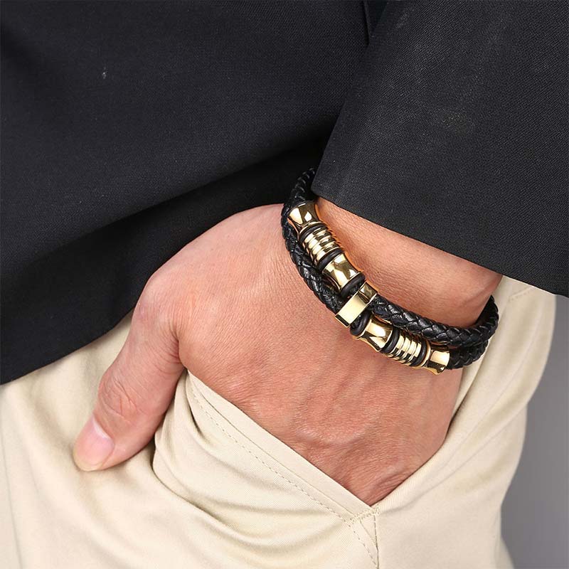 Layered Leather and Titanium Steel Spiritual Bracelet for Balance