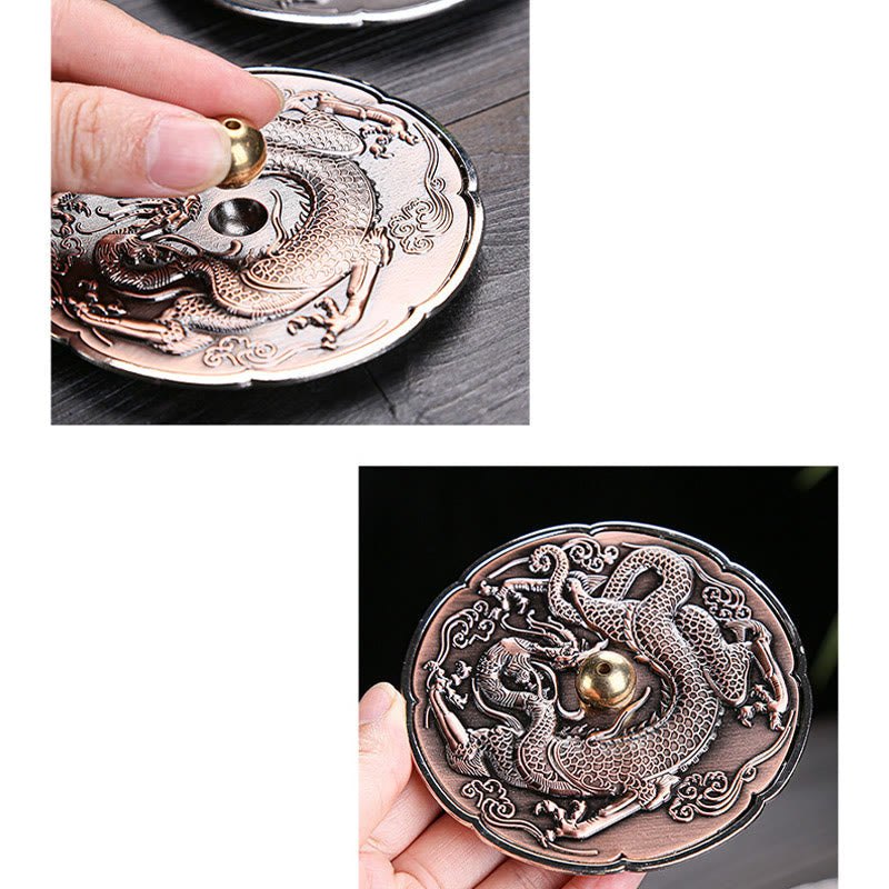 Round Dragon Incense Burner 9.2cm Copper Alloy Meditation Decor