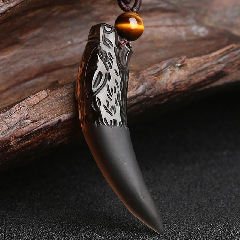 Large Ice Obsidian Wolf Tooth Pattern Courage Necklace