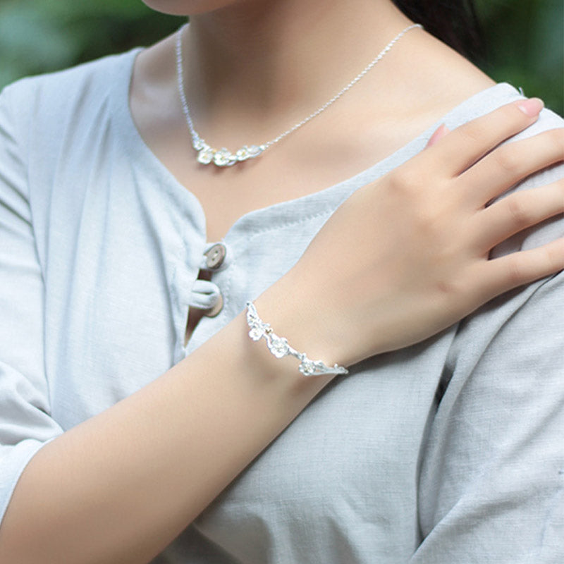 Sterling Silver Plum Flower Blessing Adjustable Spiritual Bracelet