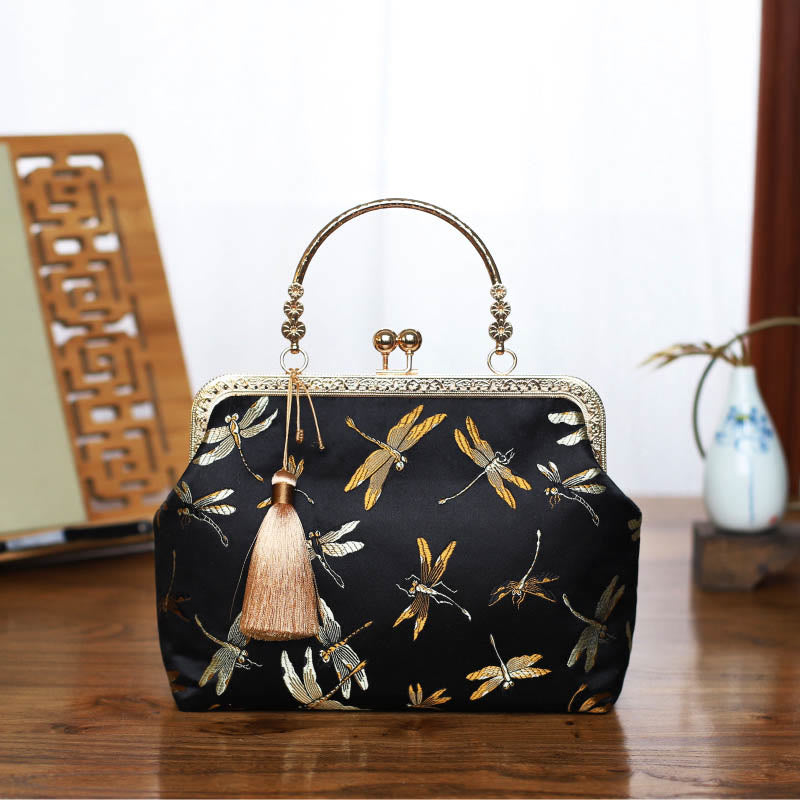 Vintage Flower Butterfly Crane Sea Waves Metal Chain Shoulder Bag