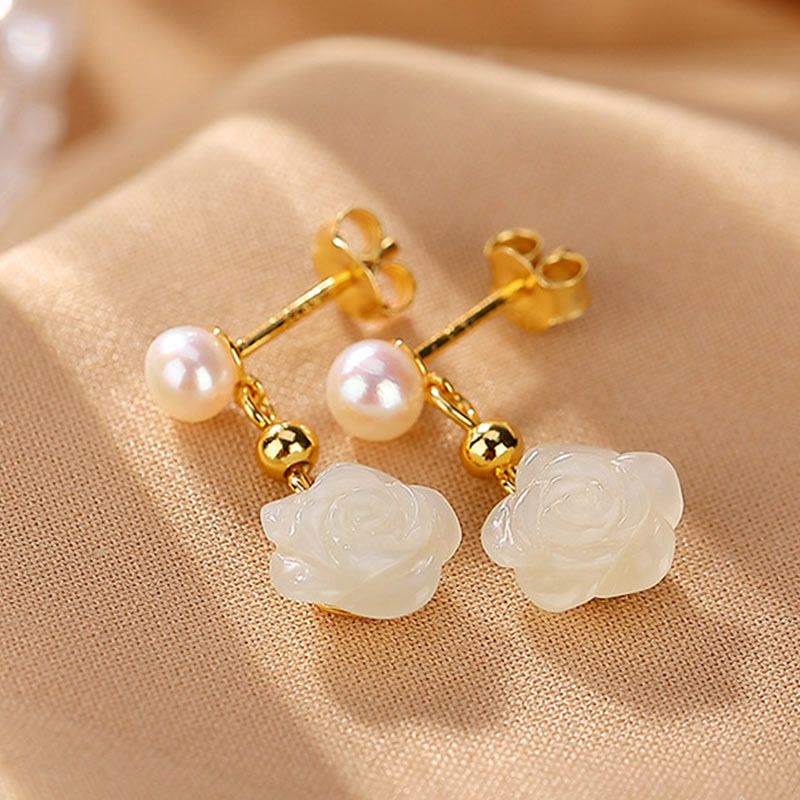 Gold Plated 925 Silver Jade Rose Flower Luck Earrings
