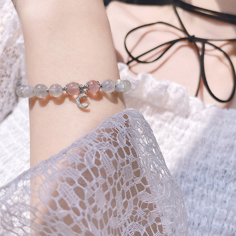 Strawberry Quartz & Moonstone Luck Moon Charm Bracelet