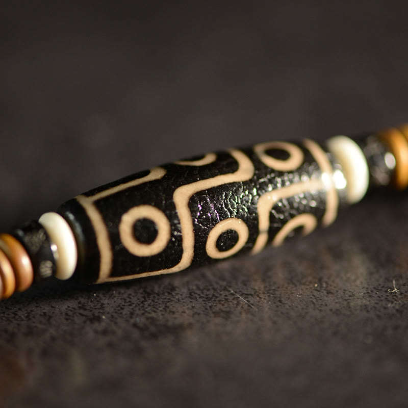 9-Eye Dzi Bead Ebony Wood Spiritual Double Wrap Bracelet