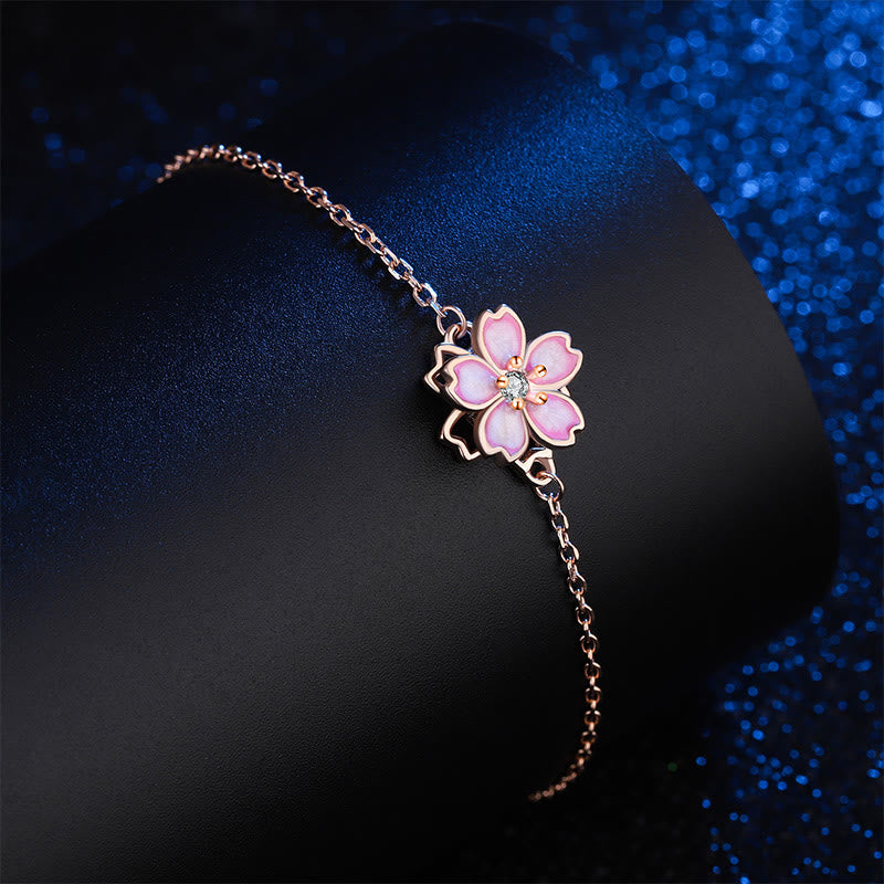 925 Sterling Silver Cherry Blossom Blessing Chain Bracelet with Rotatable Ring