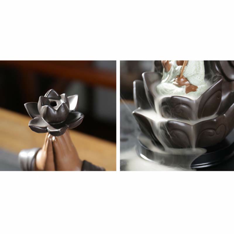 Ceramic Lotus Blessing Backflow Incense Burner with Buddha Deities