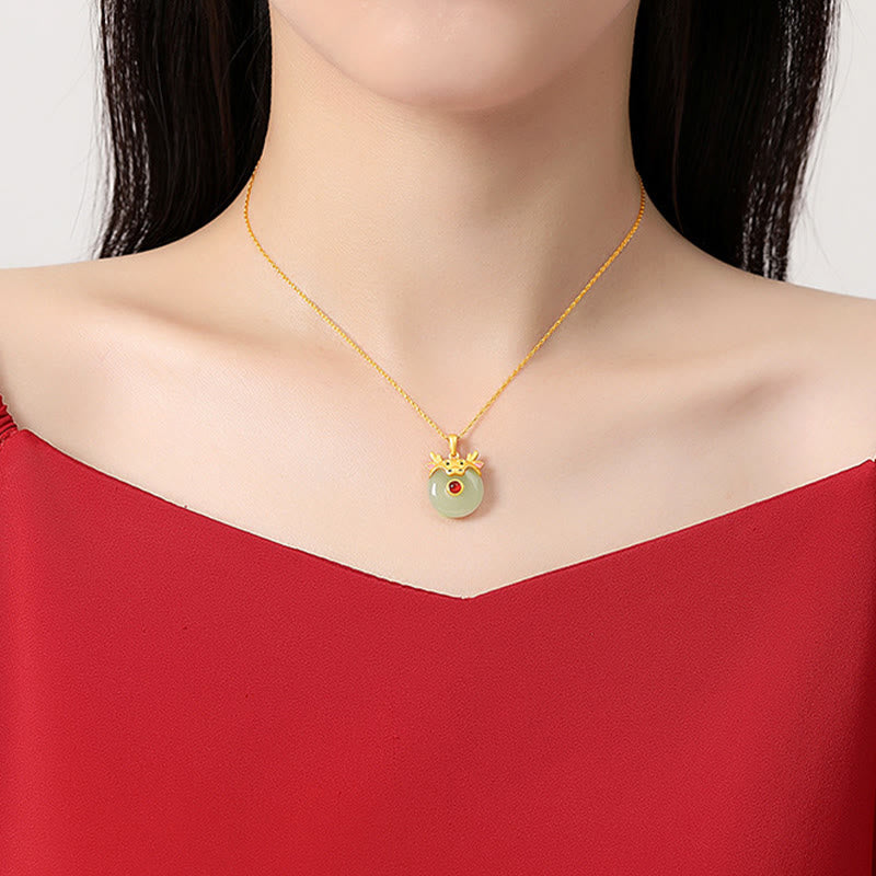 Dragon Zodiac Necklace | Sterling Silver with Hetian Jade & Red Agate
