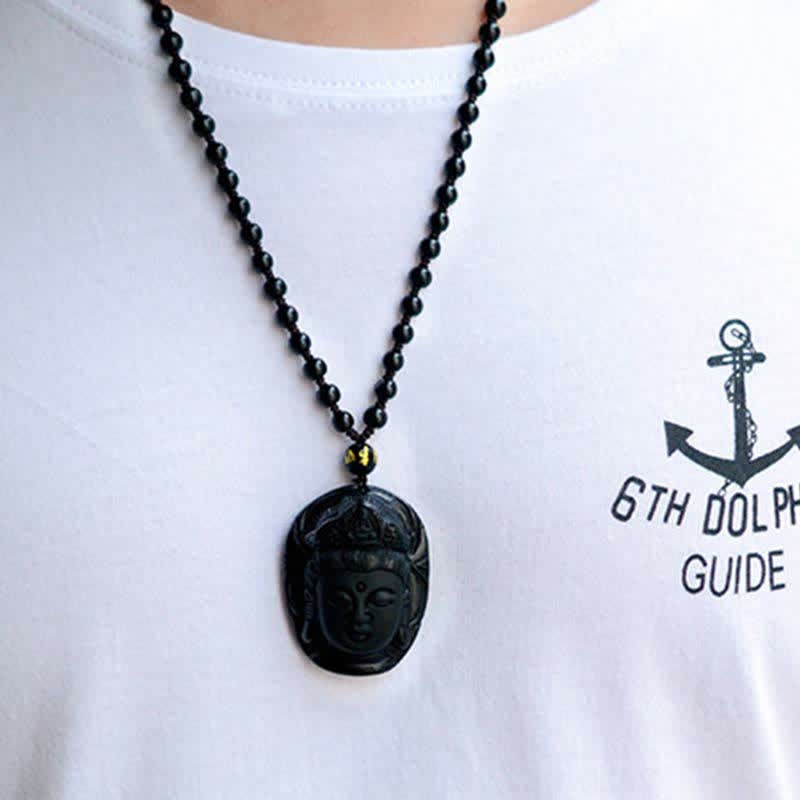 Black Obsidian Strength Necklace with Avalokitesvara Pendant