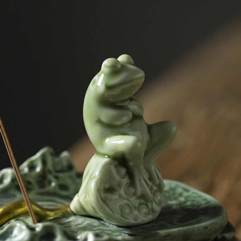 Ceramic Incense Burner | Lotus Leaf Meditation Frog 11cm