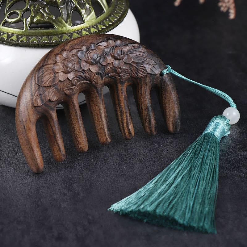 Green Sandalwood Tassel Comb with Lotus & Koi Fish Symbols