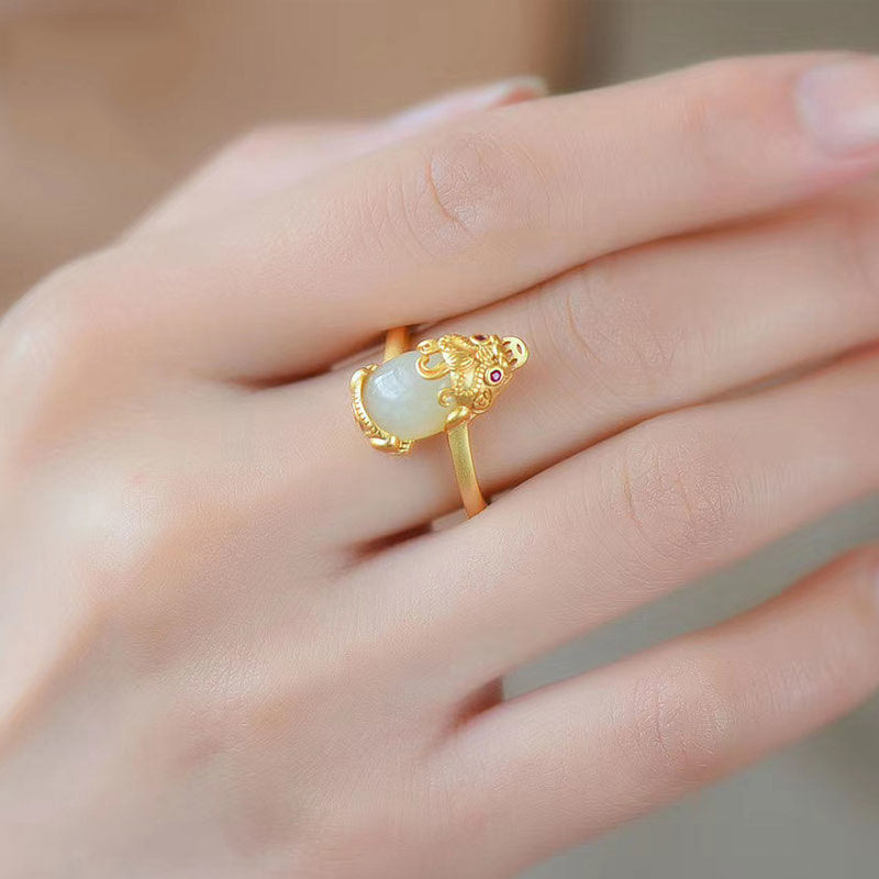 Adjustable 18k Gold Pixiu Jade Ring for Wealth & Luck