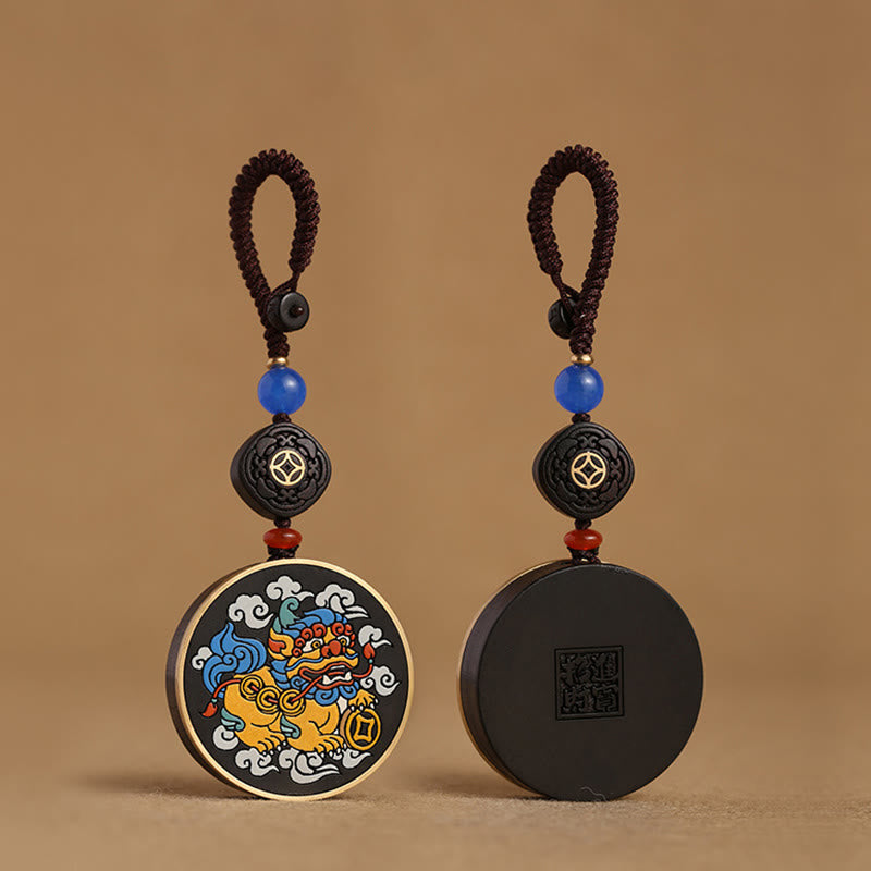 Pixiu Copper Coin Ebony Wood Luck Key Chain