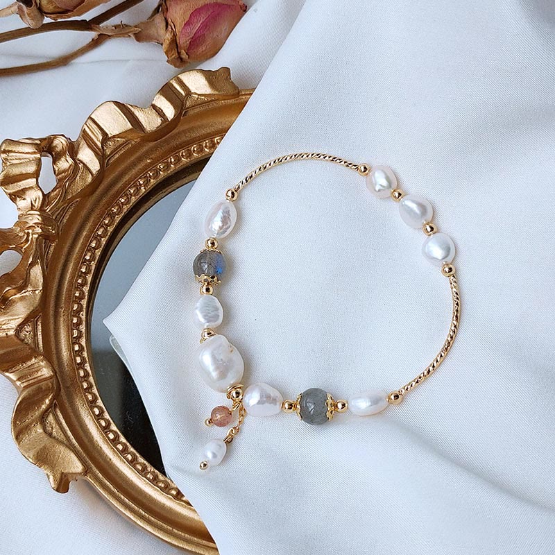 Pearl Moonstone Optimism Bracelet with Strawberry Quartz Beads