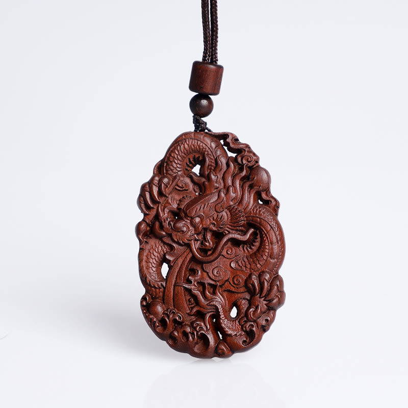 Lightning Struck Jujube Wood Double Dragon Protection Pendant