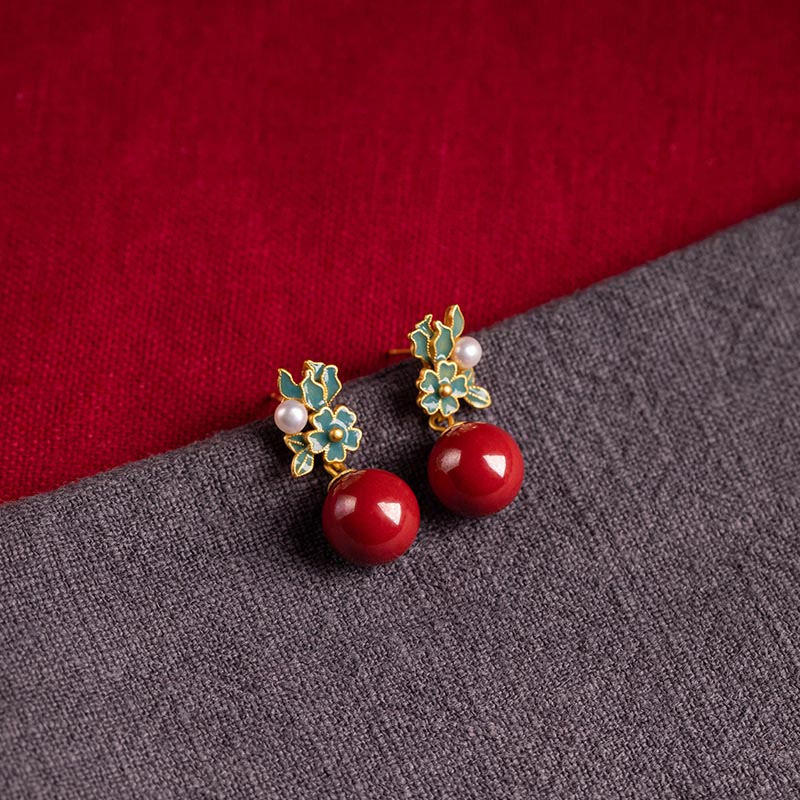 925 Sterling Silver Gold Cinnabar Pearl Blessing Necklace Set