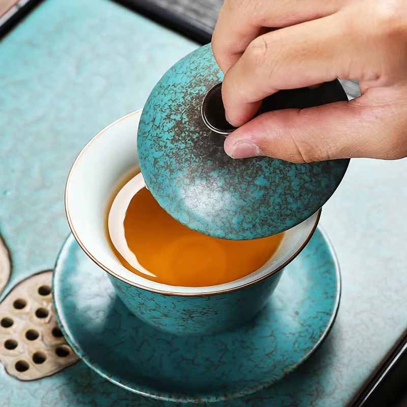 Traditional Pine Tree Green Ceramic Gaiwan Teacup | 150ml | Zen Decor