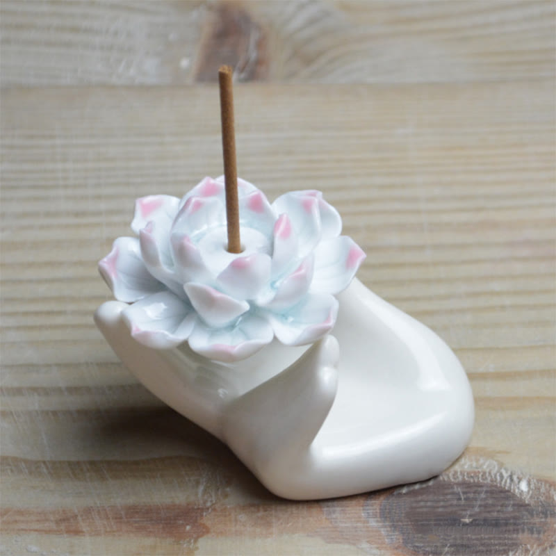 Ceramic Lotus Hand Meditation Incense Burner 8x6cm