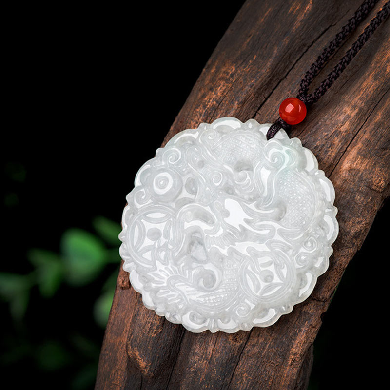 White Jade Dragon Necklace 49mm Protection Pendant
