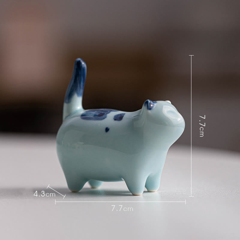 8 cm große Glückskatzenstatue aus Keramik | Blaue stehende Katzenfigur