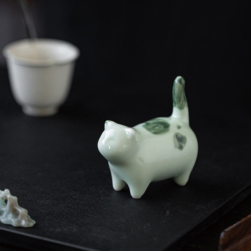 8 cm große Glückskatzenstatue aus Keramik | Blaue stehende Katzenfigur