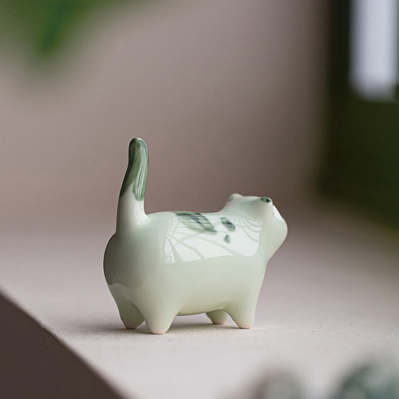 8 cm große Glückskatzenstatue aus Keramik | Blaue stehende Katzenfigur
