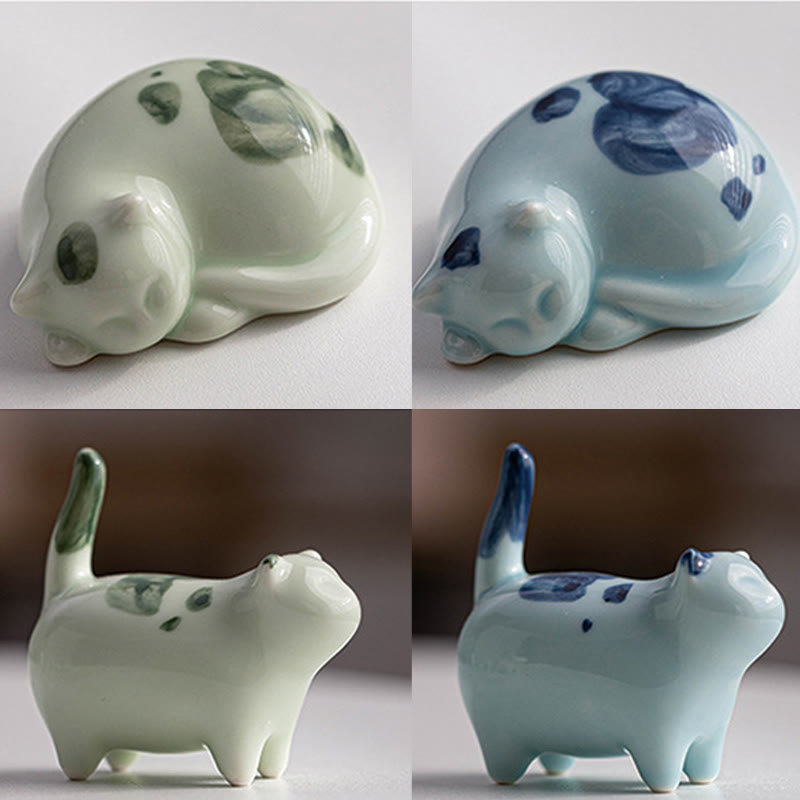 8 cm große Glückskatzenstatue aus Keramik | Blaue stehende Katzenfigur