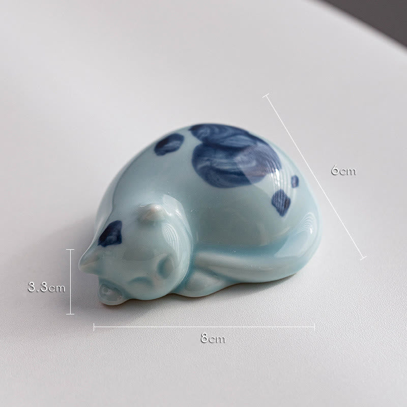 8 cm große Glückskatzenstatue aus Keramik | Blaue stehende Katzenfigur