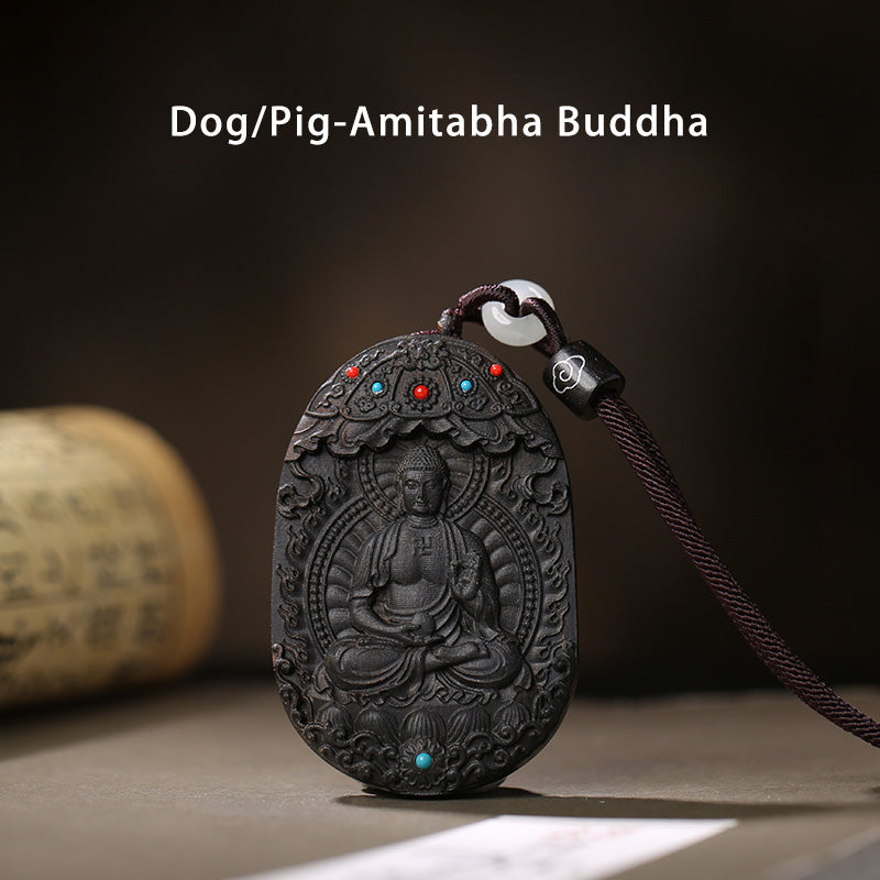 Chinesische Sternzeichen-Adlerholz-Halskette mit Om Mani Padme Hum-Anhänger