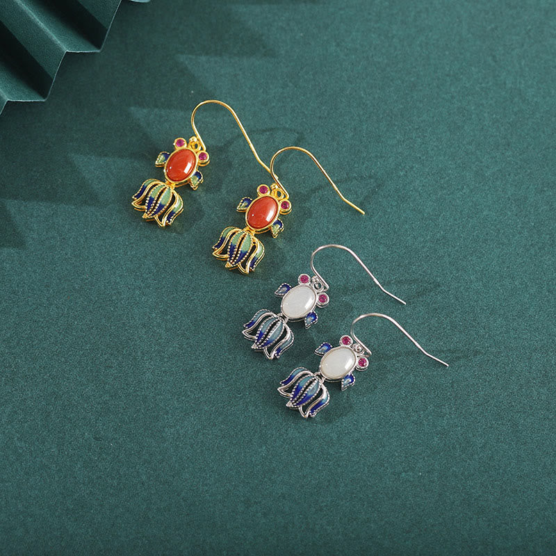 Silver Hetian White Jade Red Agate Fish Drop Earrings